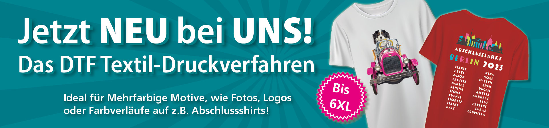 DTF, Textildruck, Mehrfarbig, Fotos, Logos, Farbverlauf, Shirt